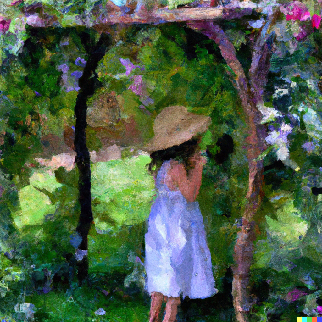 DALL·E 2023-04-25 09.44.15 - A Manet-style painting of a small girl under a flowery trellis in a garden